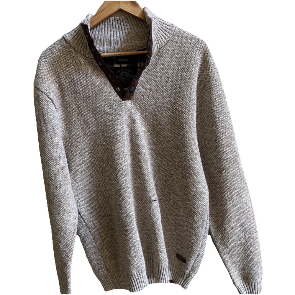 Buffalo David Bitton Mens SZ XL ‎ 1/4 Snap Knit Sweater Fleece Lined Elbow Patch